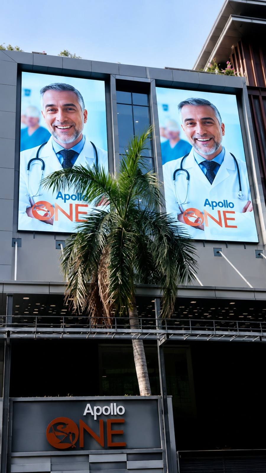 Twin outdoor LED facade displays for Apollo ONE at a hospital building entrance